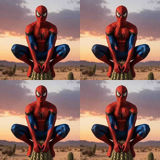 Photograph-style CGI of Spider-Man in red and blue suit, crouched on cactus, in desert at sunset; four identical images arranged in