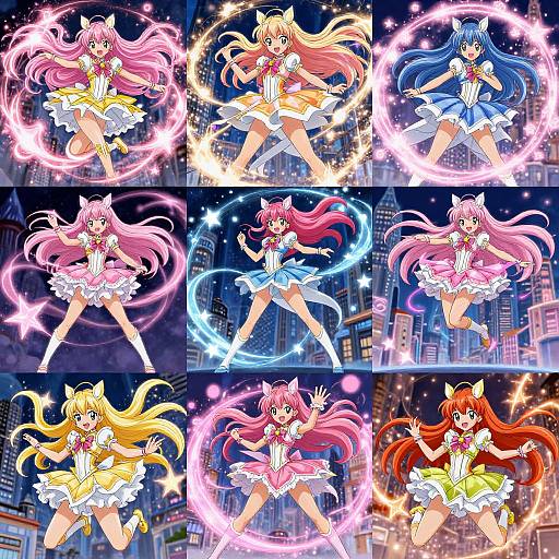 Digital anime artwork of six magical girls with colorful hair, wearing frilled dresses, casting glowing spells in a cityscape at night. Each girl has a