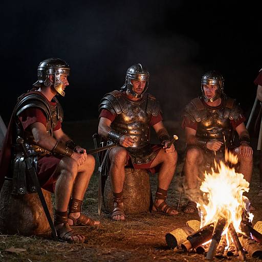 Three men in Roman-style armor sit around a campfire at night, their reflections glowing in the bright flames. Photographic image.