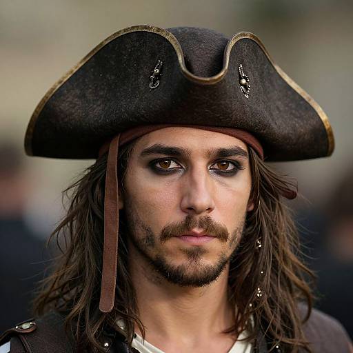 Photograph of a serious, long-haired man with a beard and mustache, wearing a large black pirate hat, dark eye makeup, and a brown