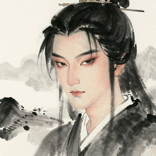 Digital painting of an Asian woman with pale skin, black hair in a traditional updo, wearing a black kimono, with a serious expression, white