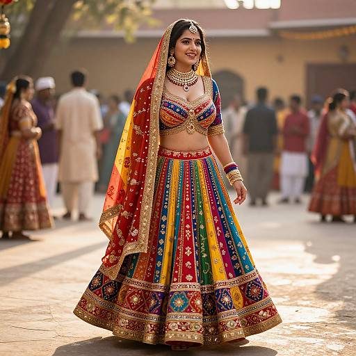 Photograph of a beautiful Indian bride in a vibrant, multicolored lehenga with gold embroidery, red dupatta, and intricate jewelry, standing confidently