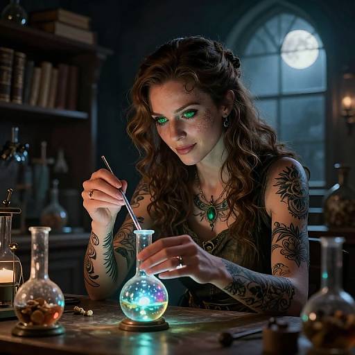 Photograph of a tattooed, green-eyed woman with wavy brown hair, wearing a dark top, mixing a glowing potion in a dimly lit