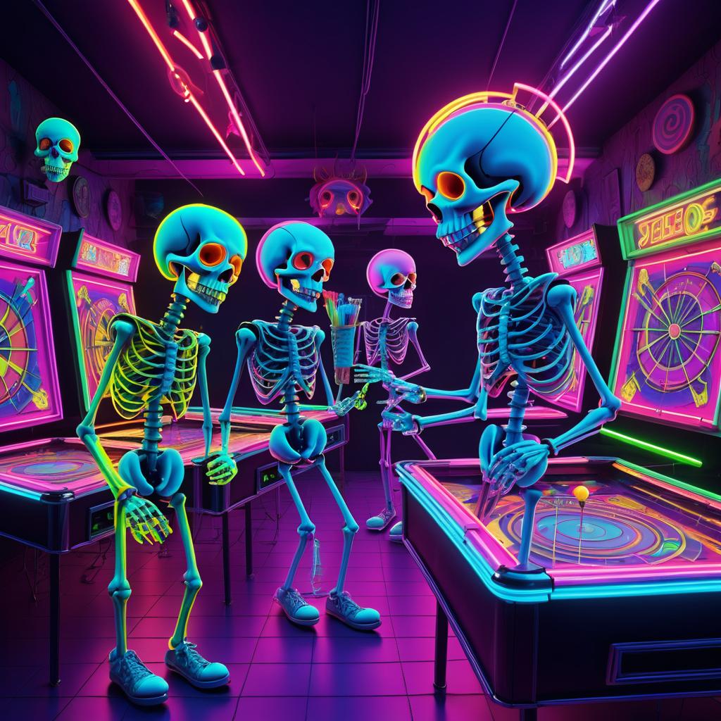 Whimsical Skeletons in Neon Arcade