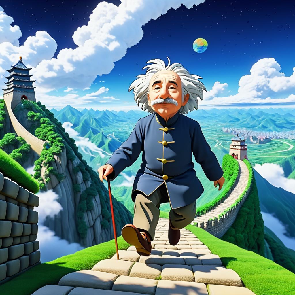 Einstein Ascending the Great Wall in Ghibli Style