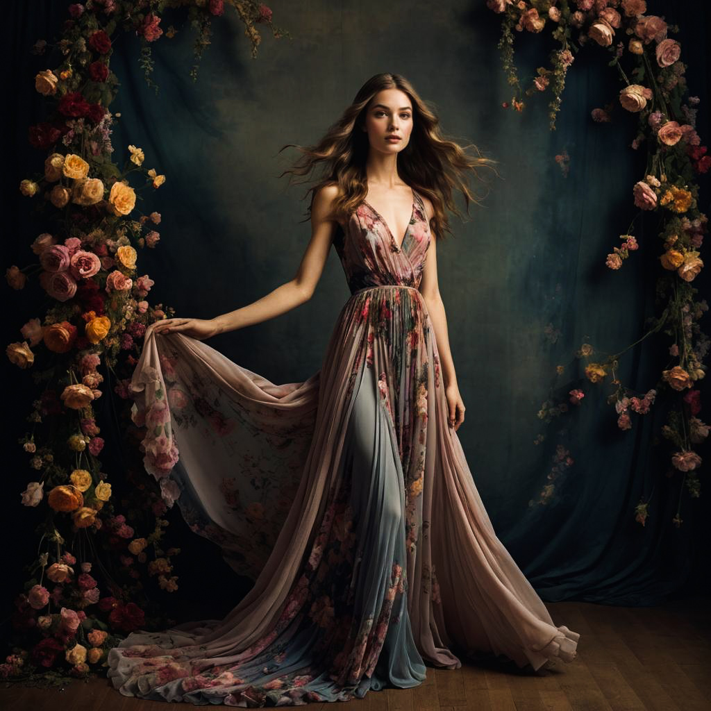 Dreamy Young Woman in Vintage Floral Dress