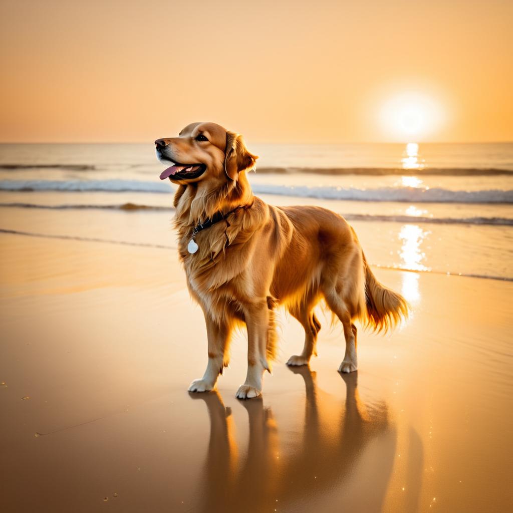 Golden Retriever at Sunset on Beach