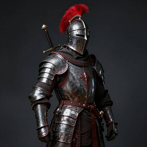 Photorealistic CGI of a medieval knight in shiny silver armor with a red plume, bloodstained chest plate, and sword sheathed on the