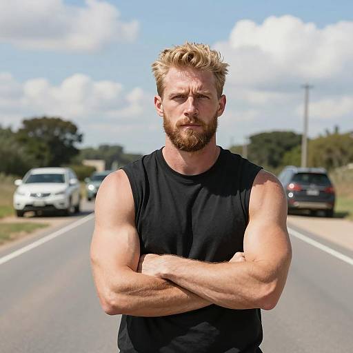 Muscular Man Standing on Rural Road