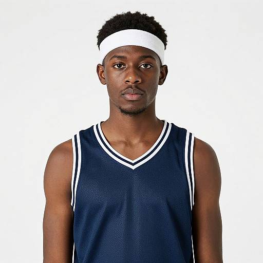 Photograph of a young Black man with short curly hair, wearing a white headband, navy blue basketball jersey with white trim, and looking directly at