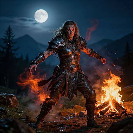 Photograph of a fierce, armored warrior with long hair, standing in front of a blazing fire under a full moon in a dark, mountainous forest
