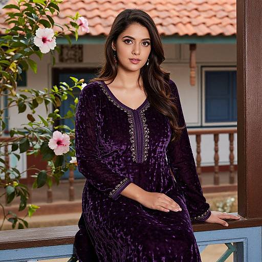 Photograph of a beautiful South Asian woman with long dark hair, wearing a black velvet kurta, standing on a balcony with pink flowers and a tiled