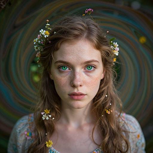 Photograph of a young woman with fair skin, green eyes, and wavy brown hair adorned with daisies, wearing a floral dress, against