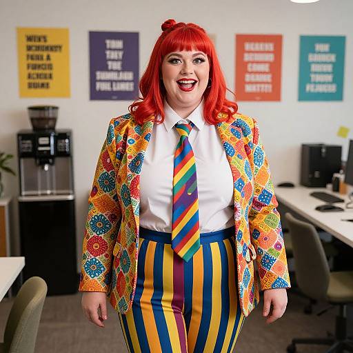 Photograph of a smiling woman with red hair, wearing a colorful floral jacket, white shirt, rainbow tie, and striped yellow-blue pants, standing in