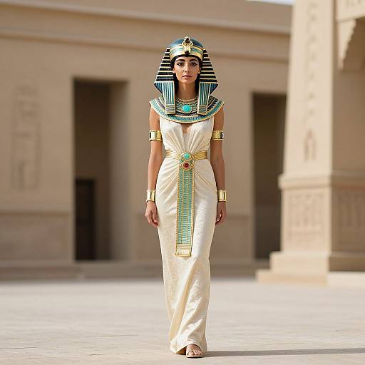 Photograph of an Egyptian woman in a white dress, striped headdress, gold jewelry, and striped collar, standing in an ancient temple courtyard.