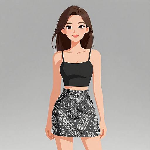 Smiling Woman in Casual Paisley Outfit