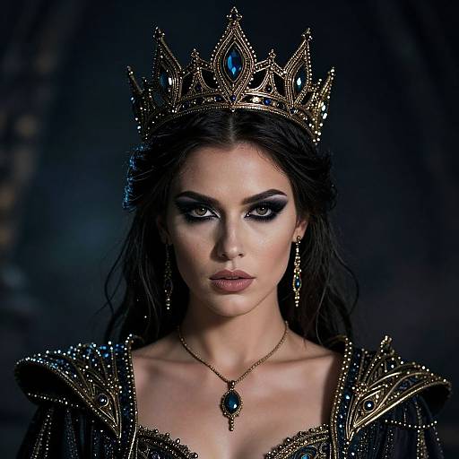 Photograph of a dark-haired woman with striking makeup, wearing an ornate golden crown, black gown with gold accents, and blue gem necklace, set