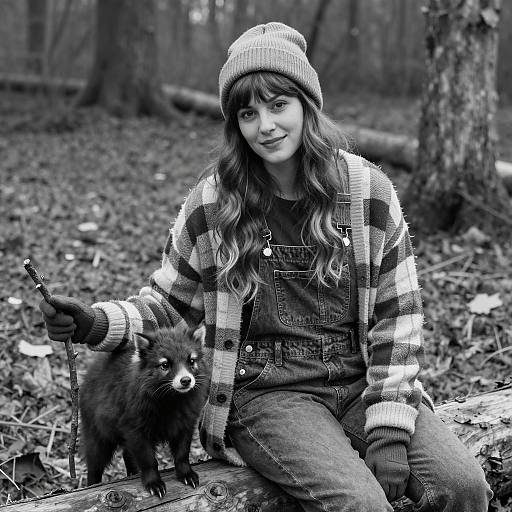 Woman with Furry Animal in Forest