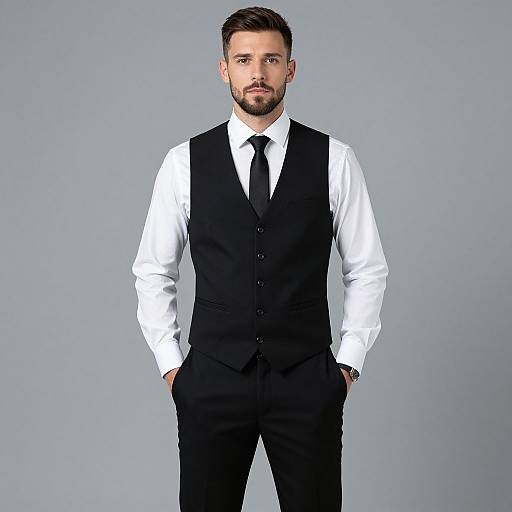 Photograph of a handsome, bearded man with short brown hair, wearing a white dress shirt, black vest, and tie, standing against a plain