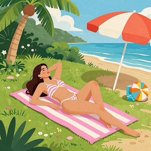 Digital illustration of a tan-skinned woman with long brown hair, in a pink and white bikini, sunbathing on a pink towel under a red