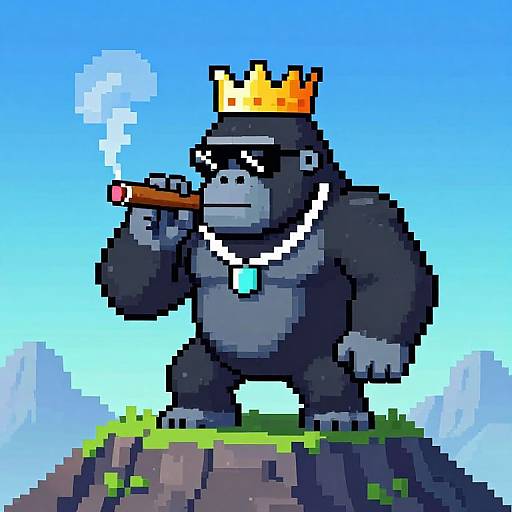 Pixel art of a muscular, black-furred gorilla with a yellow crown, smoking a cigar, standing on a rock, wearing a blue necklace,