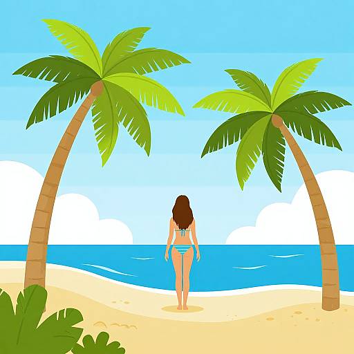 Digital illustration of a woman in a blue bikini, standing on a sandy beach, facing the ocean, flanked by two palm trees.