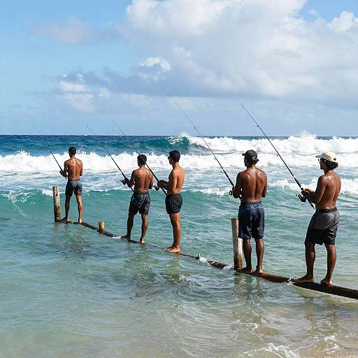 Five shirtless men in black shorts fishing from a wooden plank in the ocean, waves crashing behind them, bright blue sky.