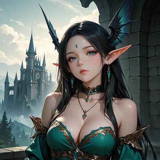 Fantasy Elf Woman with Jewelry and Castle Background