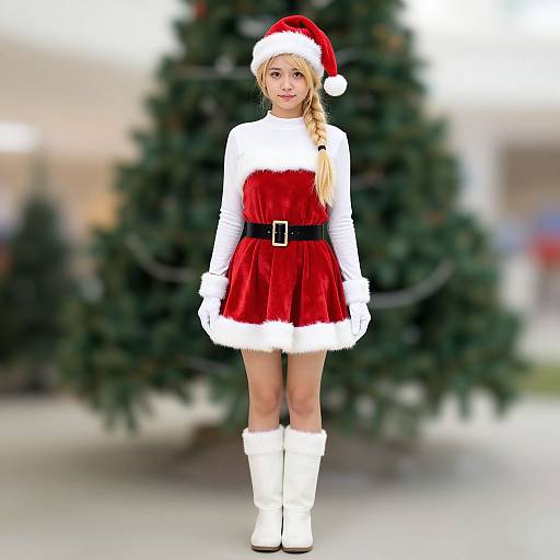 Photograph of a young blonde girl in a red velvet Santa dress with white fur trim, black belt, white gloves, and boots, standing in front