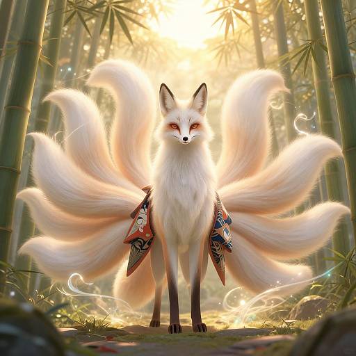 Digital art of a mystical white fox with nine flowing tails, wearing red and blue patterned sashes, standing in a sunlit bamboo forest.