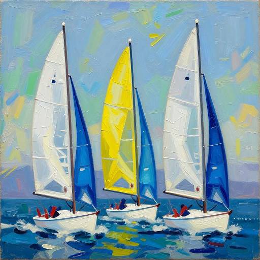 Vibrant oil painting of three sailboats with white, blue, and yellow sails on choppy blue water under a colorful sky.