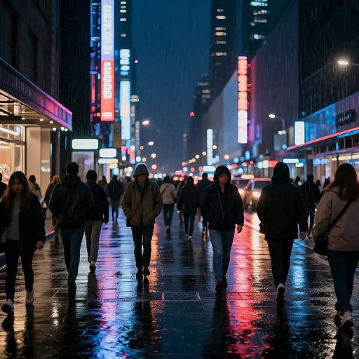 Photograph of a rainy night in a bustling city street, with colorful neon lights reflecting on wet pavement, people in dark winter coats walking away from the