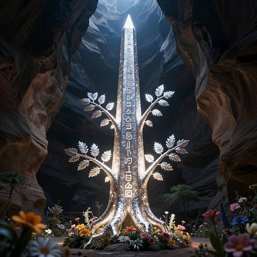 Silver-Leafed Obelisk in Glowing Canyon