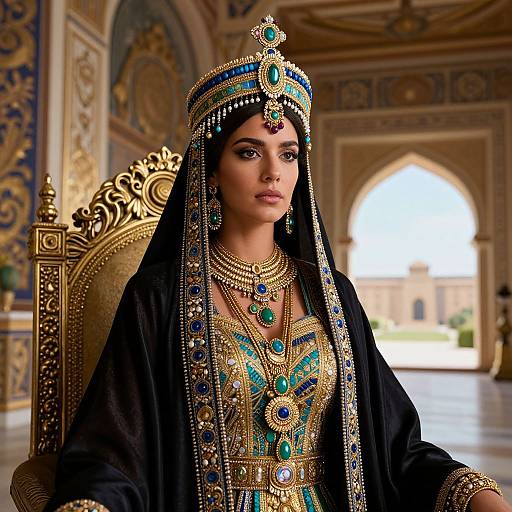 Photograph of a beautiful South Asian woman in ornate royal attire, including a turquoise and gold embroidered dress, black veil, and intricate jewelry, seated