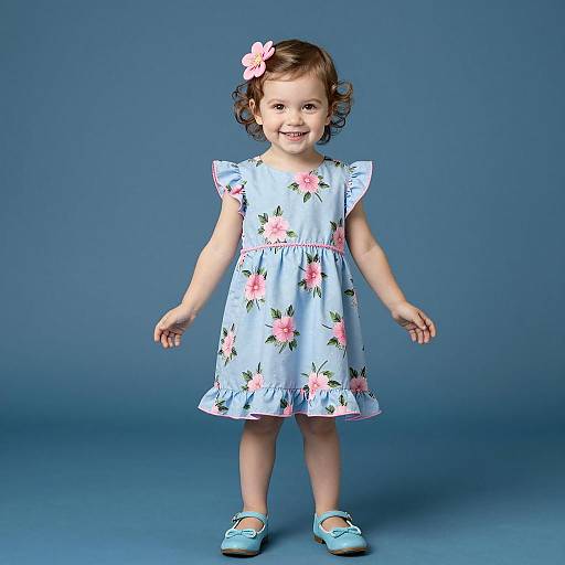 Smiling Toddler Girl in Blue Floral Dress