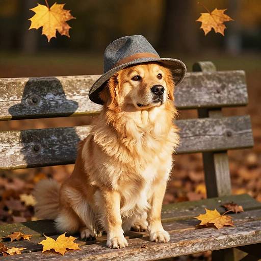 Photograph of a golden retriever sitting on a weathered wooden bench in a forest, wearing a gray felt hat, surrounded by falling autumn leaves.