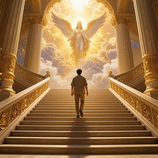 Man Ascending Golden Heavenly Staircase