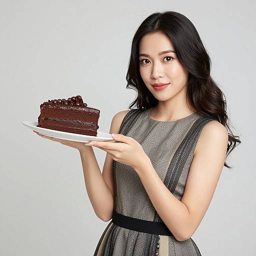 Photograph of a young Asian woman with long black hair, wearing a sleeveless gray patterned dress, holding a plate with a slice of rich,