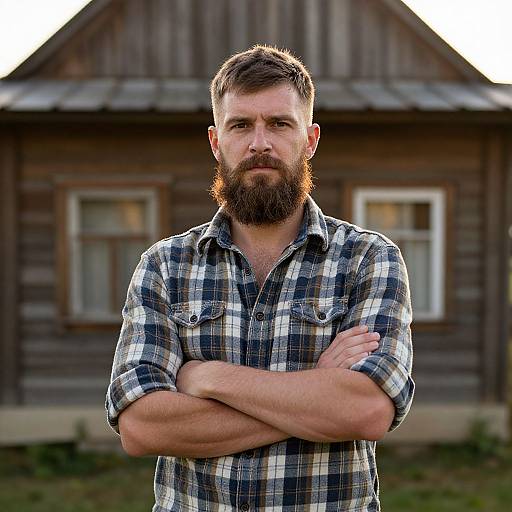 Photograph of a bearded man with a serious expression, wearing a blue and white plaid shirt, standing with arms crossed in front of a rustic