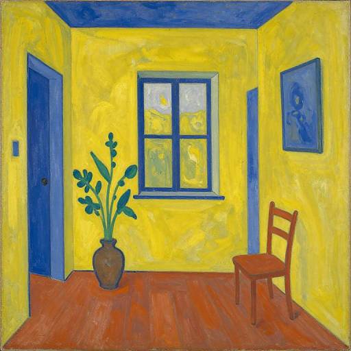 Vibrant oil painting of a yellow-walled room with blue trim, featuring a blue door, window, potted plant, and wooden chair.