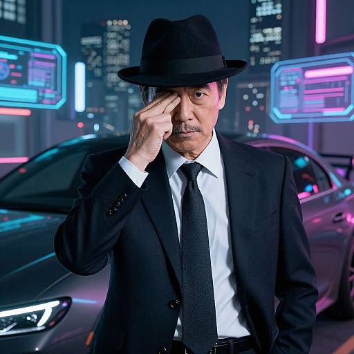 Photograph of a middle-aged Asian man in a black suit, tie, and fedora, touching his face, in a neon-lit, futuristic