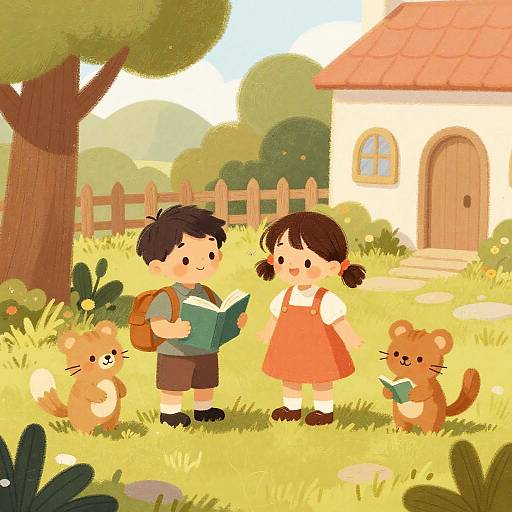 Cartoon-style digital drawing of a boy and girl reading books, surrounded by two teddy bear-like animals, in a sunny, grassy yard with
