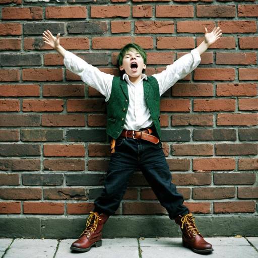 Boy with Green Skin and Outstretched Arms Against Brick Wall