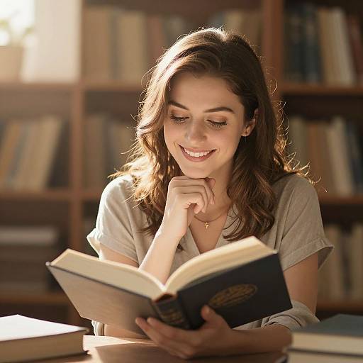 Photograph of a smiling young woman with wavy brown hair, reading a book in a sunlit library, wearing a light gray shirt.
