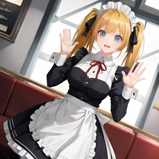 Digital anime-style drawing of a blonde maid with long twin-tails, wearing a black and white uniform, waving in a brightly lit café.