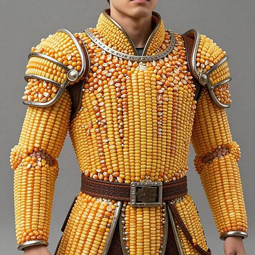 Photograph of a man wearing ornate, yellow corn-bead armor with silver accents, brown leather straps, and a wide belt against a gray background