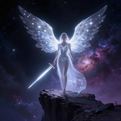 Glowing angel with ethereal wings and shining sword stands on rocky cliff against starry, cosmic background. Digital art.