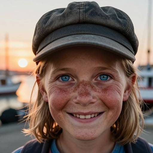Close-up photograph of a smiling young girl with blue eyes, freckles, and light brown hair, wearing a worn gray flat cap, set against