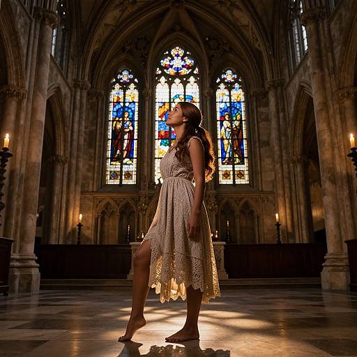Photograph of a young woman in a lace dress, standing in a sunlit, Gothic cathedral, gazing up at vibrant stained glass windows.