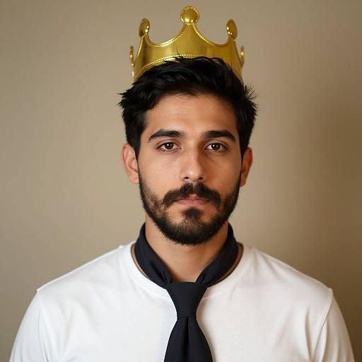 Photograph of a bearded man with dark hair, wearing a golden crown, white shirt, and black tie, against a plain beige background.